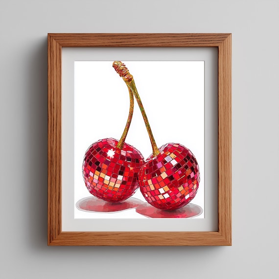Glossy Red Disco Ball Cherries Fruit Pop Art Style Fun Wall Poster
