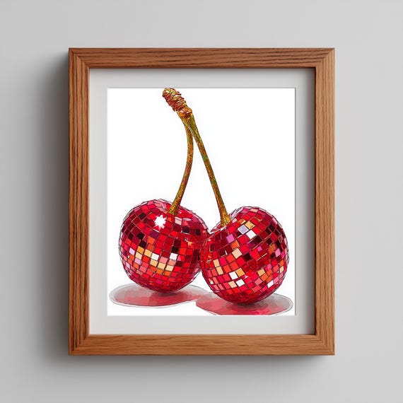 Red Cherry Wall Art Realistic Fruit Painting Glossy Twin Cherries Modern Kitchen Decor Food 13