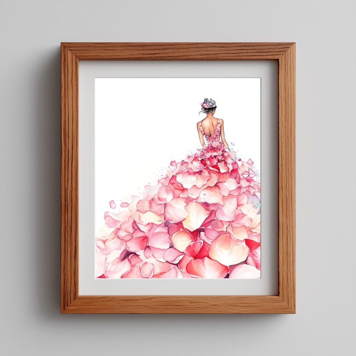 Pink Flower Petal Gown Fashion Illustration Watercolor Wall Art