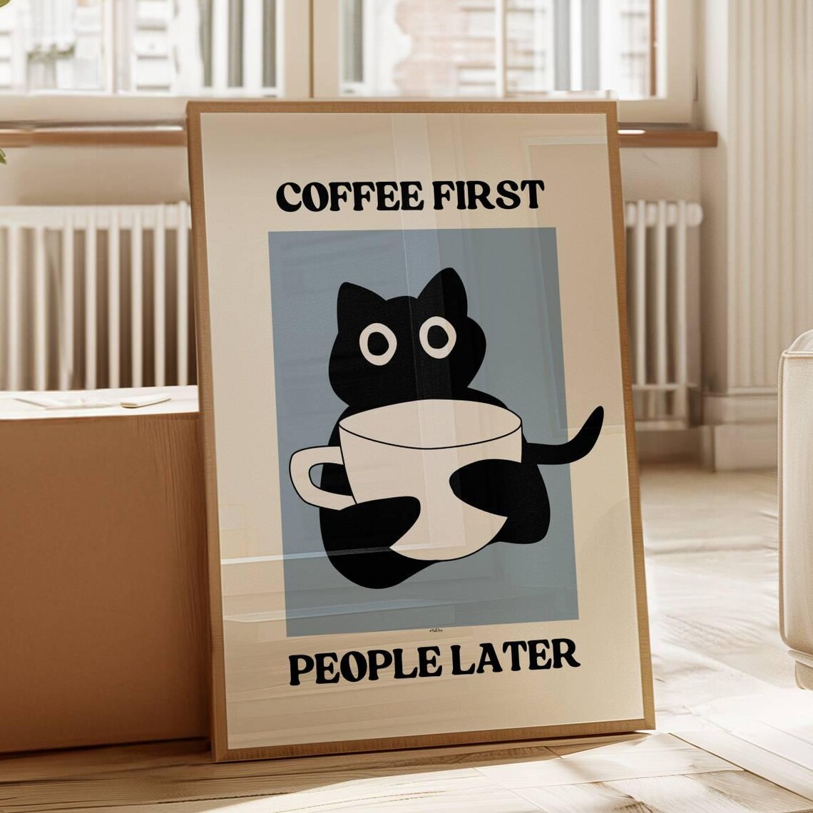 Coffee First People Later Black Cat Hugging Giant Coffee Cup Blue Poster