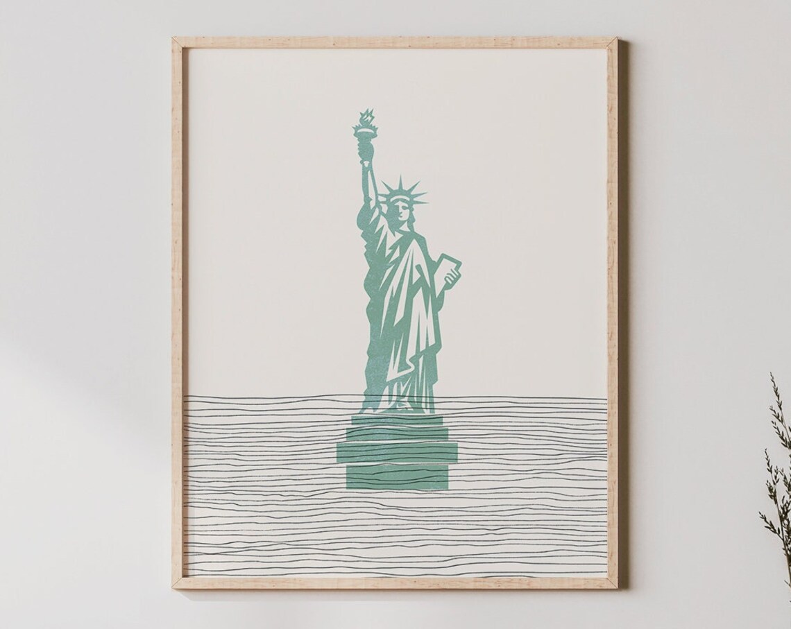 Statue of Liberty Sage Green Minimalist New York Line Art Poster
