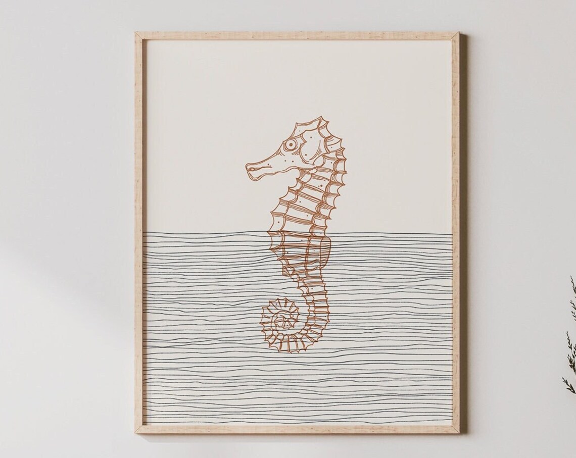 Boho Seahorse Print Wall Art Decor Minimalist Poster Sea Horse Illustration