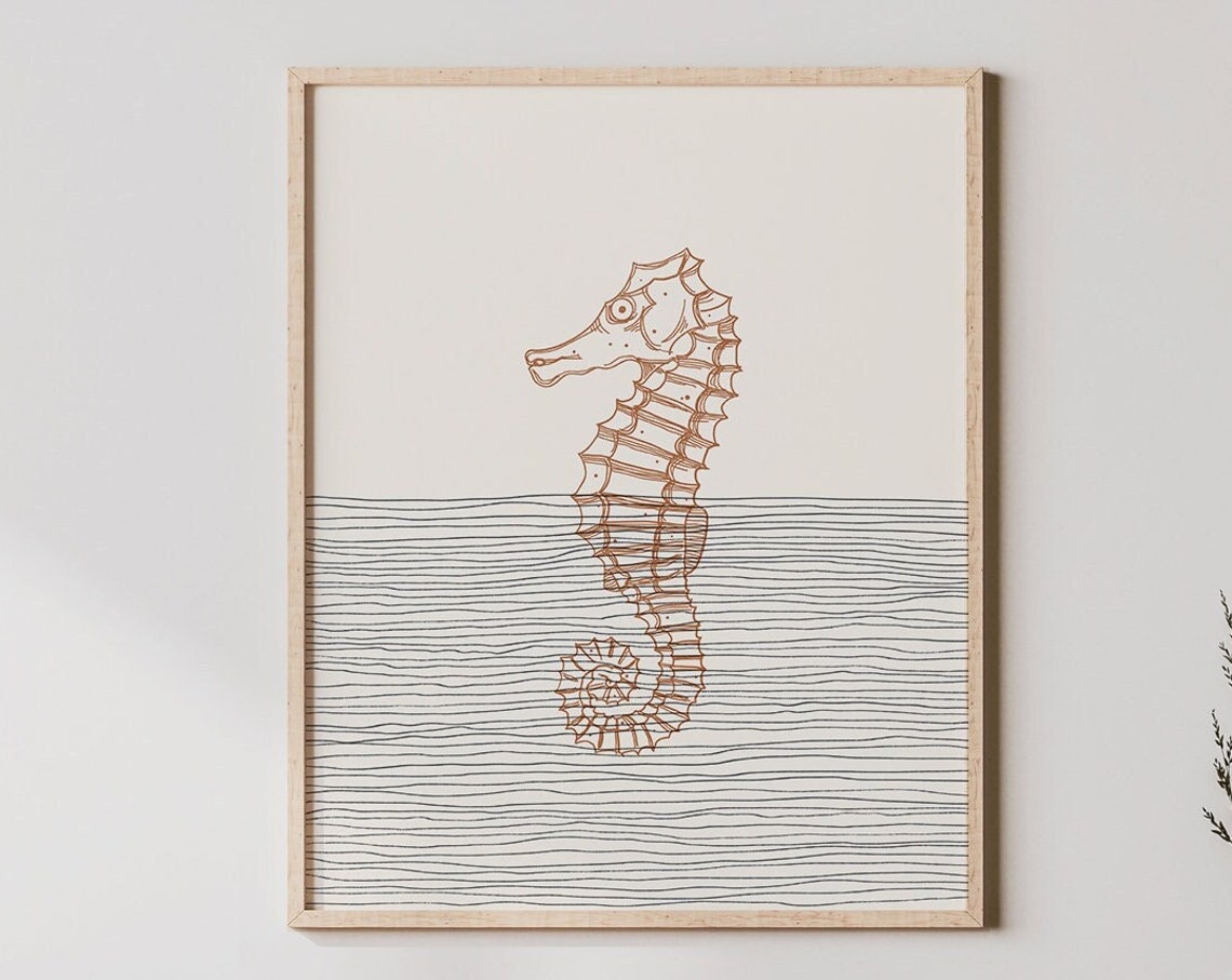 Minimalist Seahorse Line Drawing Terracotta Ocean Coastal Poster