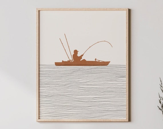 Boho Kayak Fishing Art Wall Decor Minimalist Fisher Poster Boy Print Gift