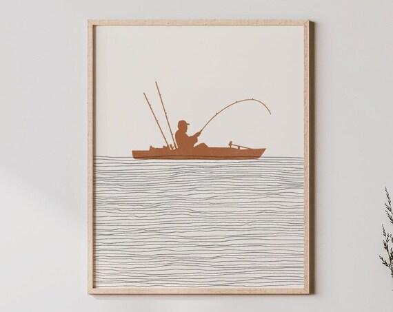 Lone Kayak Fisherman Silhouette Minimalist Line Art Fishing Poster