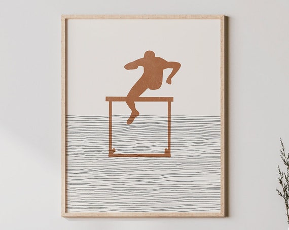 Boho Hurdling Minimalist Poster, Boy Illustration