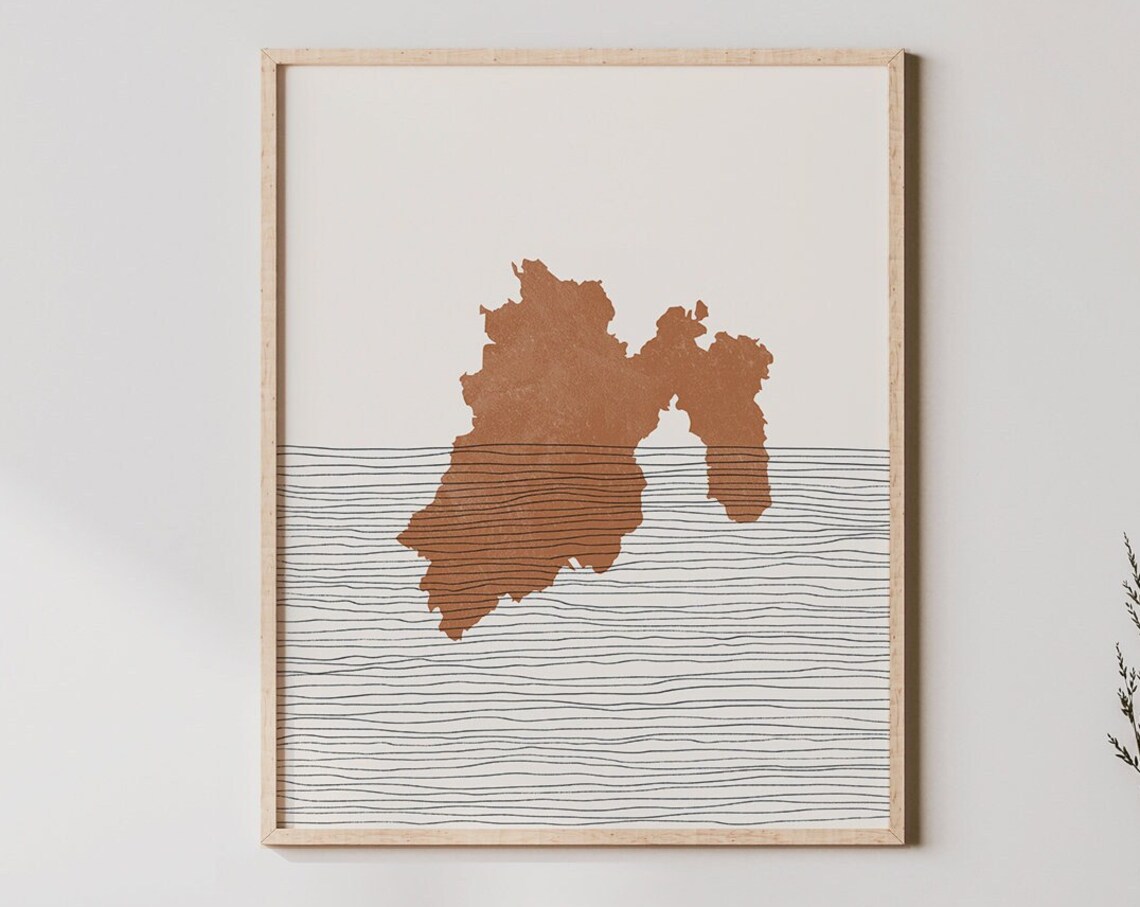 Abstract Terracotta Land Shape Over Wavy Lines Minimalist Modern Poster