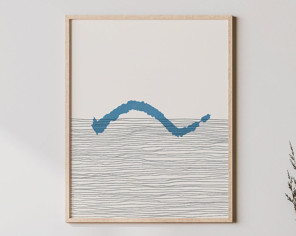 Blue Lake Silhouette Minimalist Line Art Modern Travel Poster