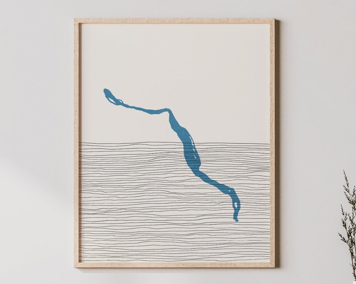 Minimalist Blue River Line Art Abstract Lake Map Style Poster