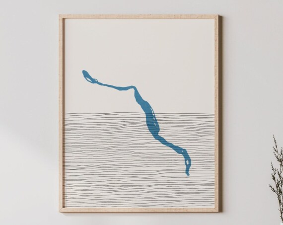 Minimalist Blue River Line Art Abstract Lake Map Style Poster