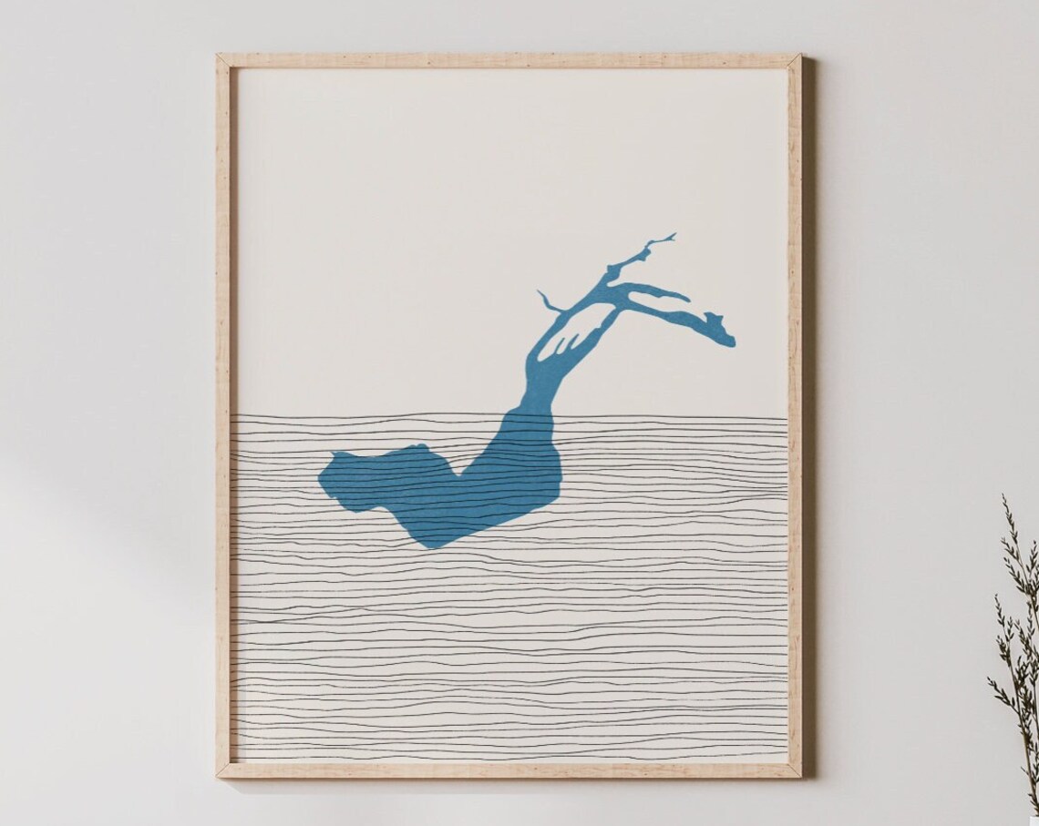 Blue Lake Abstract Map Minimalist Line Waves Modern Art Poster