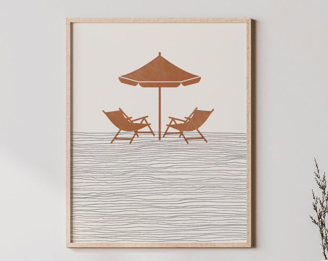 Minimalist Beach Umbrella and Chairs Line Art Terracotta Poster