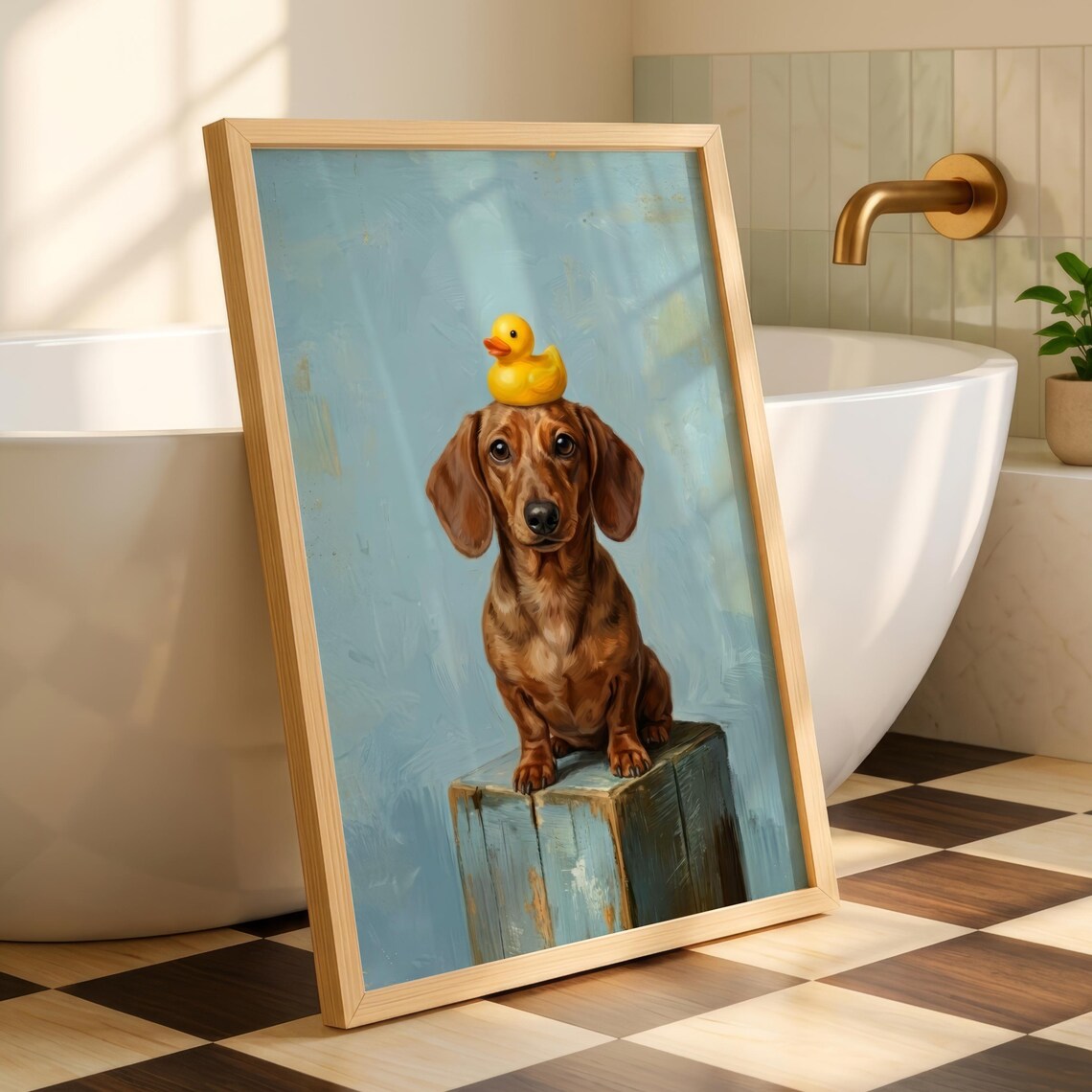 Funny Dachshund Bath Art Sausage Dog With Rubber Duck Bathroom Poster