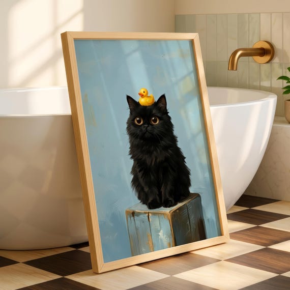 Black Cat Bathroom Art Print Fluffy With Rubber Duck Painting Whimsical Powder Room Decor Funny Animal Bath Poster Digital Download