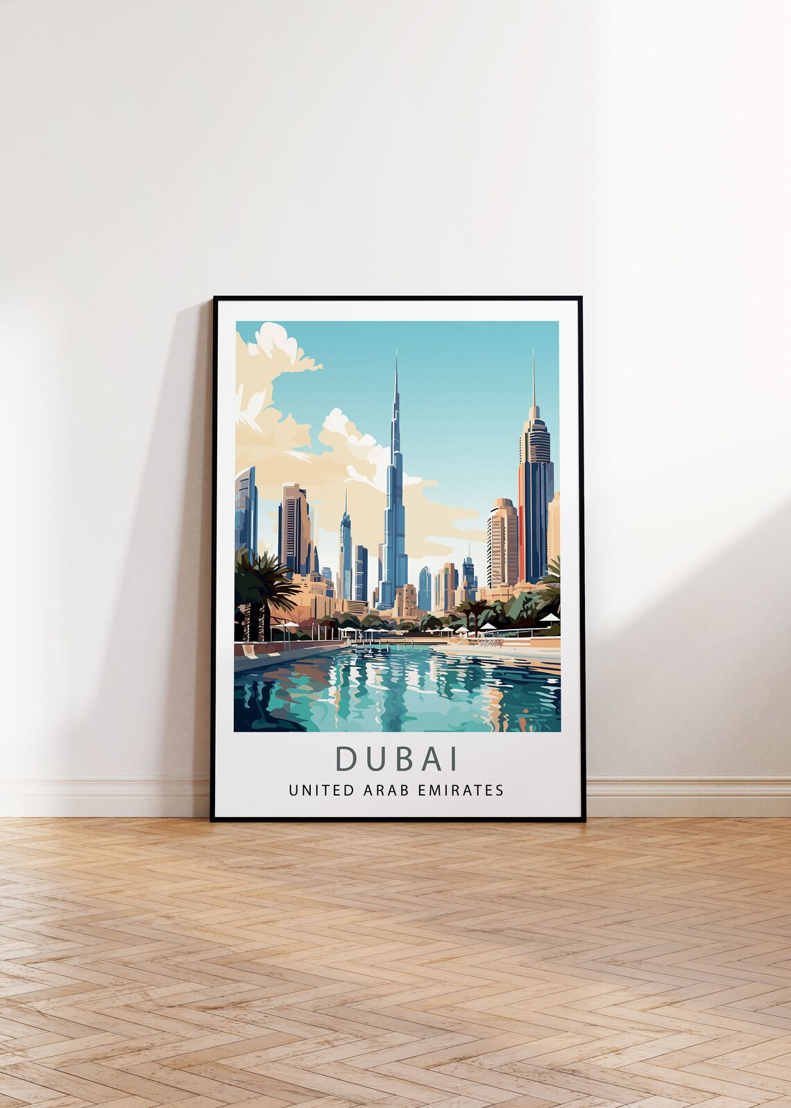 Dubai Skyline Burj Khalifa Waterfront Daytime View Travel Poster