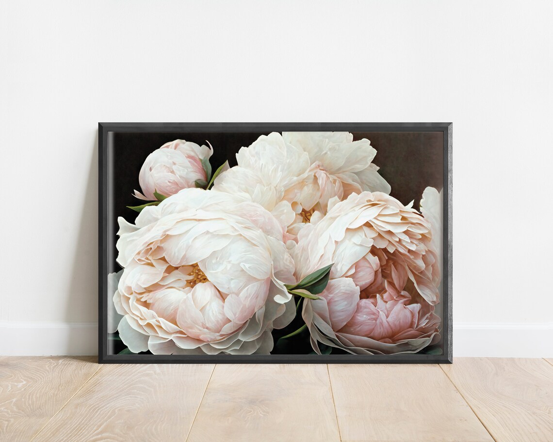 Elegant White Peonies Bouquet Painted on a Dark Background Poster - Image 3