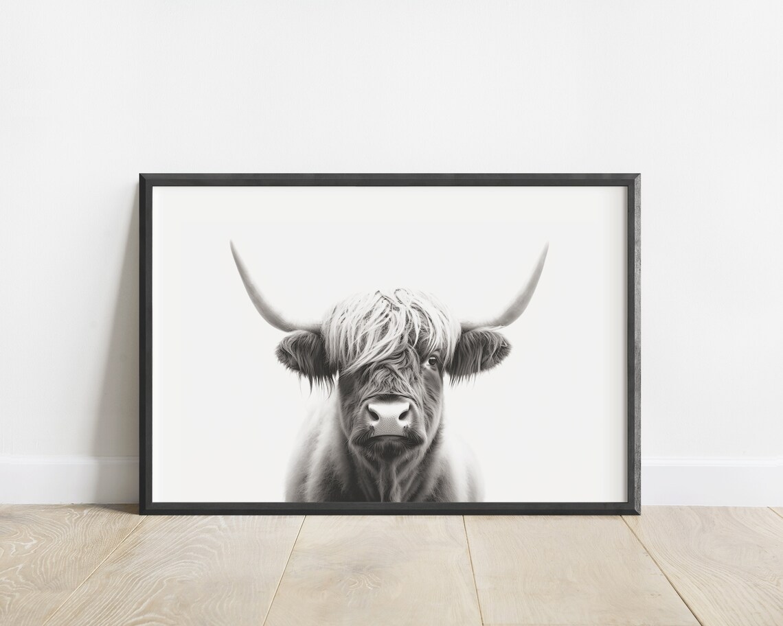 Highland Cow Art Print, Black and White Portrait - Image 2