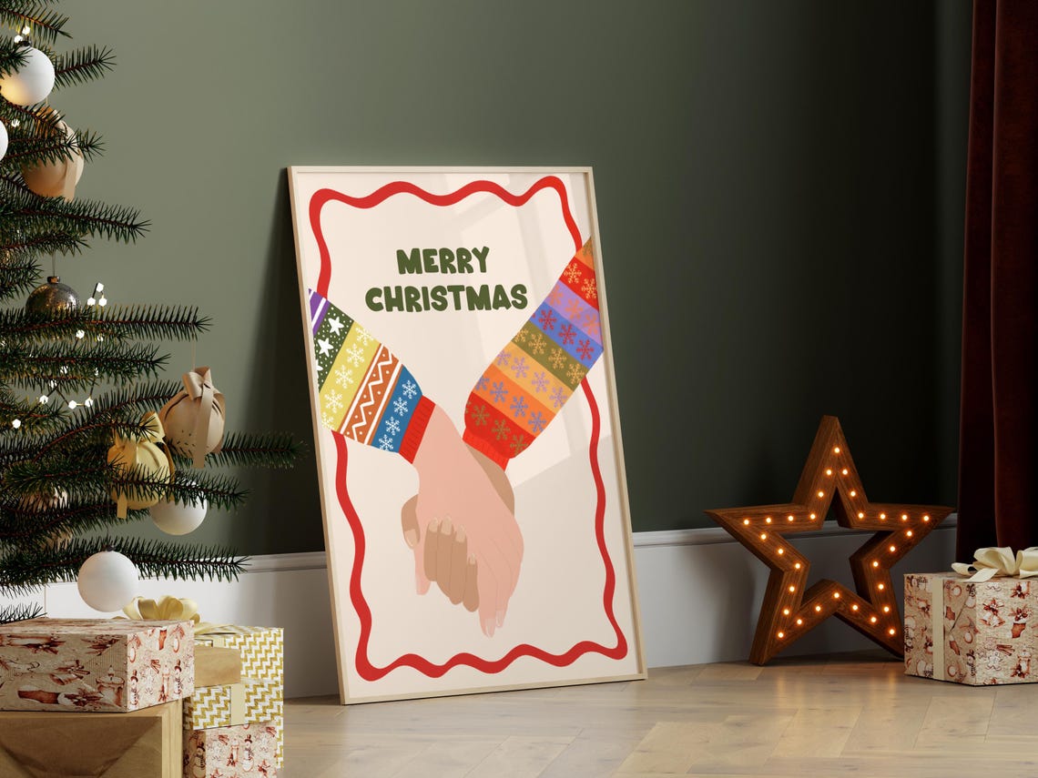 Merry Christmas Holding Hands Poster Colorful Festive Holiday Decor - Image 2