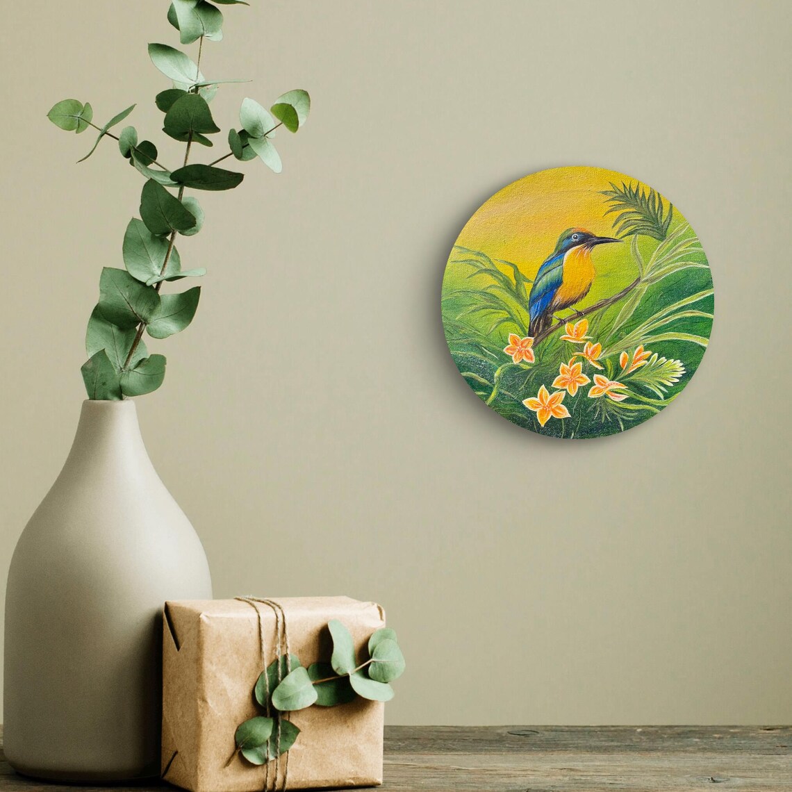 Tropical Kingfisher Bird Perched Palm Leaves Round Oil Painting Poster