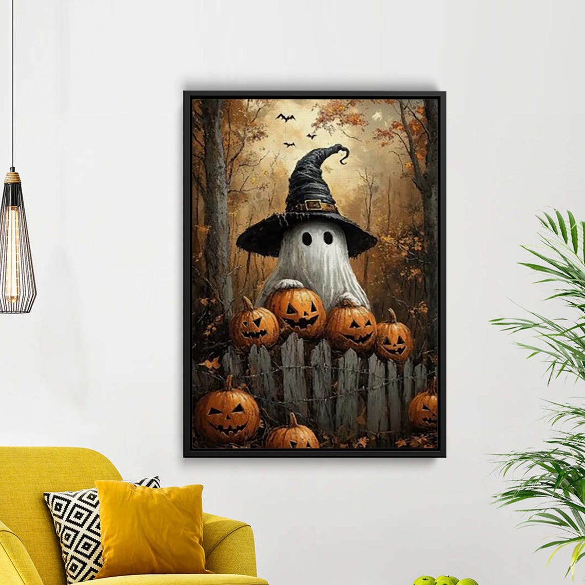 Halloween Canvas Wall Art Witch Hat And Pumpkin Patch Print Rustic Spooky Haunting Decor Large Poster