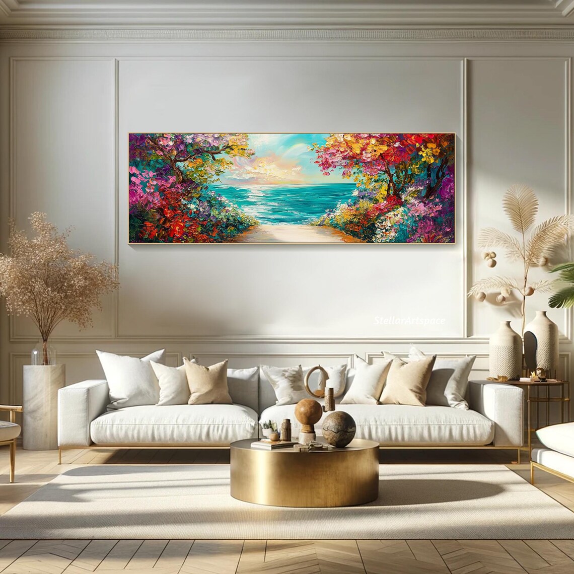 Tropical Beach Cove Colorful Flowering Trees Impasto Seascape Poster - Image 3