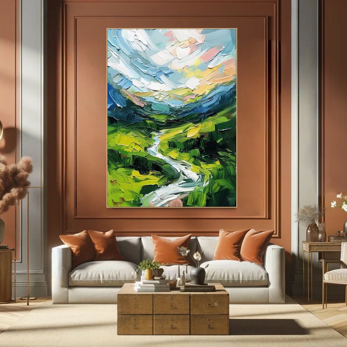 Winding Stream Green Hills Bright Cloudy Sky Impasto Landscape Poster - Image 6