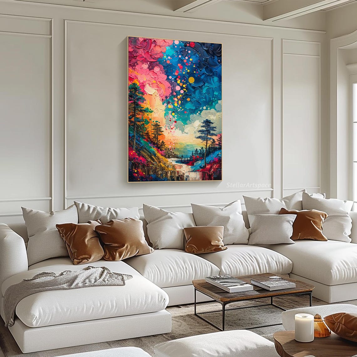 Starry Night Forest Waterfall Colorful Dots Sky Impasto Art Print - Image 2