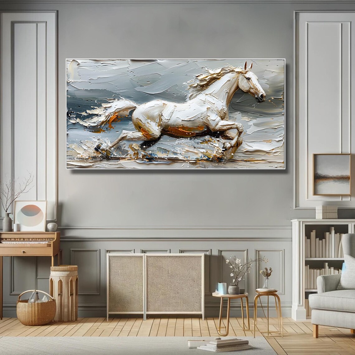 White Horse Galloping Gray Gold Impasto Textured Painting Wall Art - Image 2