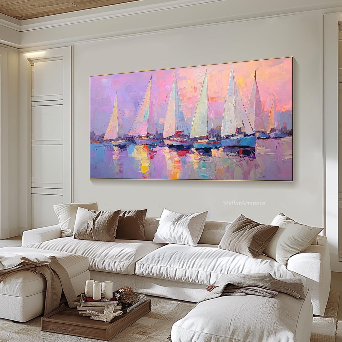 Seven Sailboats Sunset Harbor Pink Lavender Seascape Art Poster - Image 2
