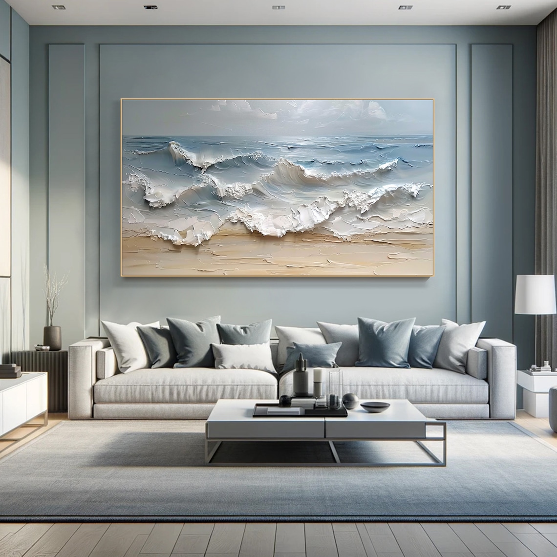Blue Ocean Wave Painting, Contemporary Living Room Art - Image 2