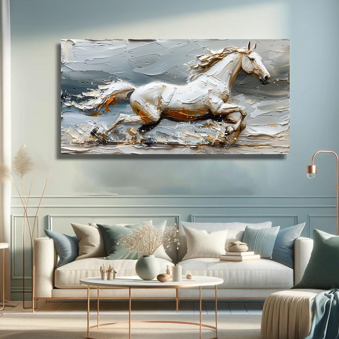 White Horse Galloping Gray Gold Impasto Textured Painting Wall Art - Image 4