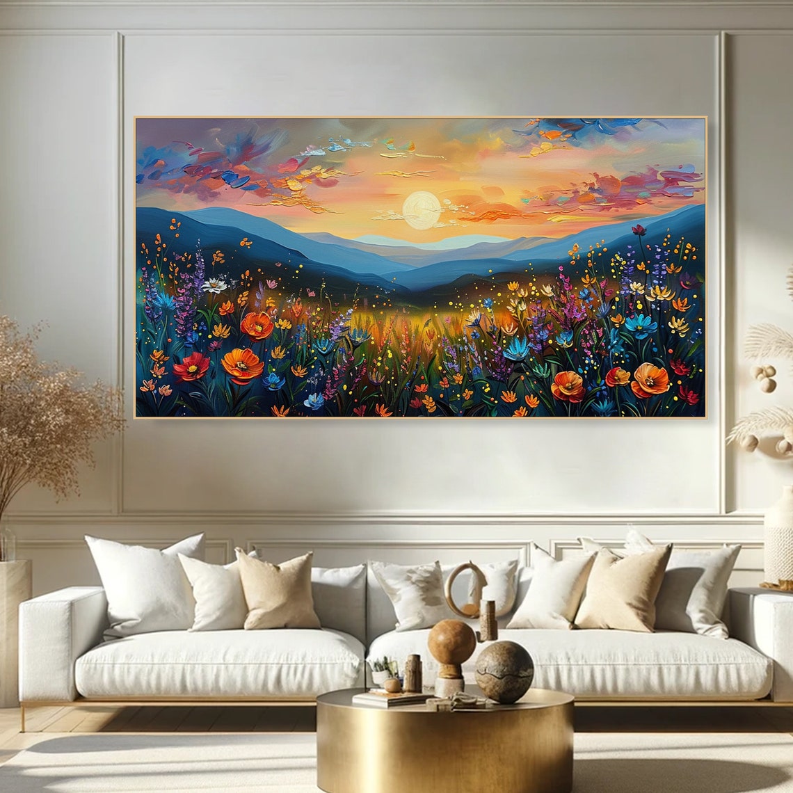 Colorful Flowers Under Gold Sun Scenic Landscape Oil Painting Colorful Wildflowers Art Large Wall Art Living Room Decor Nature Inspired Art - Image 3