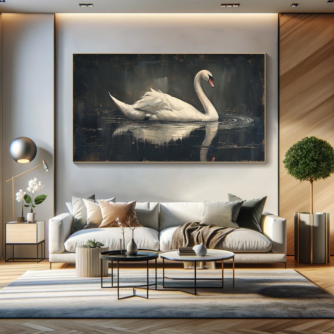 White Swan Dark Lake Reflection Elegant Oil Painting Bird Poster - Image 5