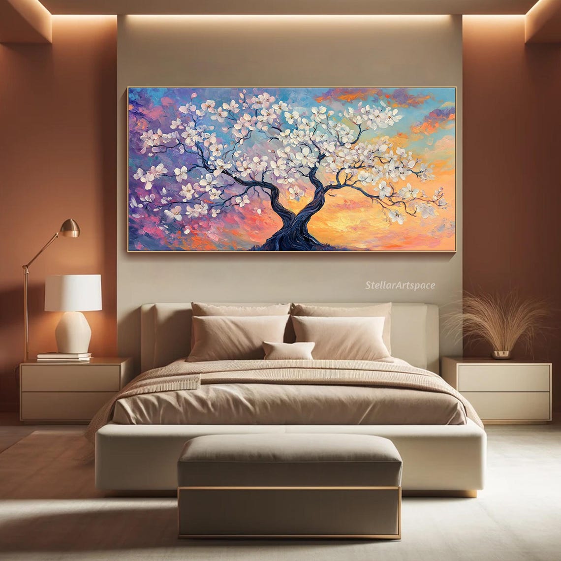 White Blossom Tree Sunset Sky Purple Orange Floral Painting Art Poster - Image 4