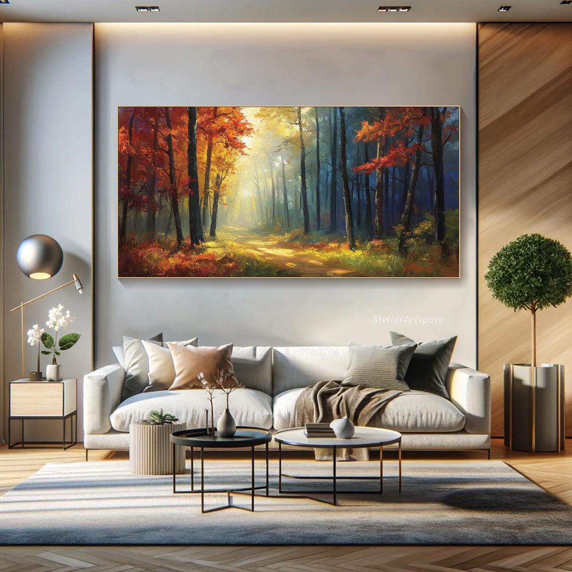 Sunlit Autumn Forest Path Golden Light Red Foliage Landscape Poster - Image 3