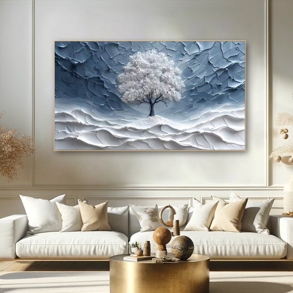 Mystical White Blossom Tree Silver Blue Textured Abstract Poster - Image 5