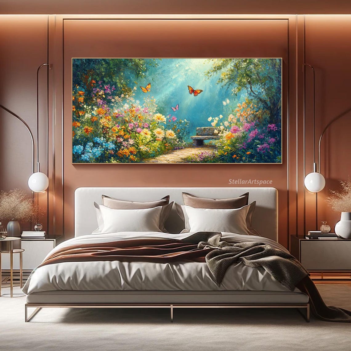 Butterfly Garden Colorful Blossoms Bench Sunny Path Painting Poster - Image 2