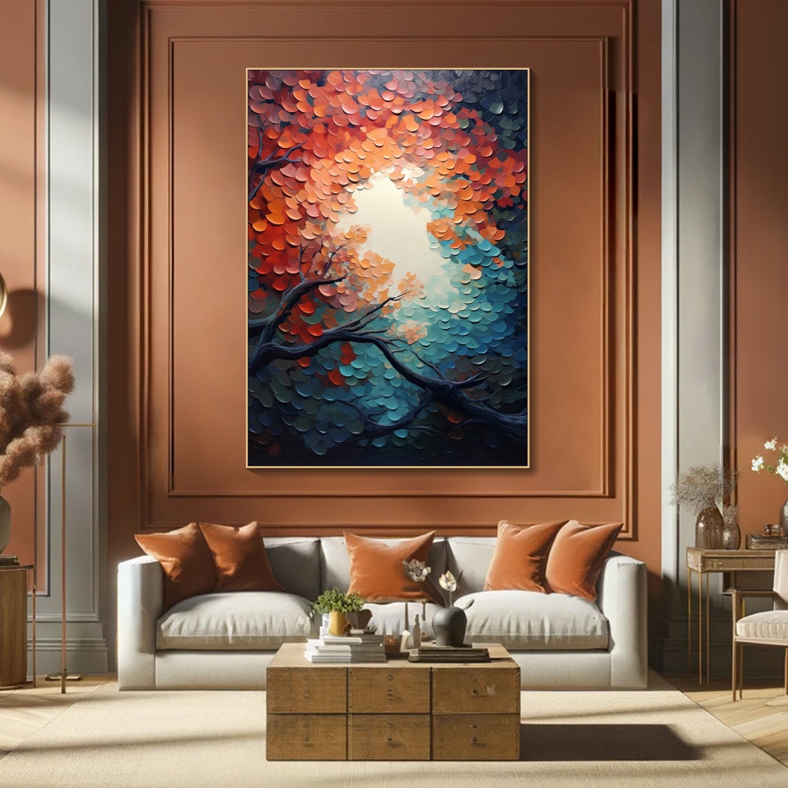 Autumn Trees Red Teal Canopy Dark Branches Bold Texture Art Poster - Image 3