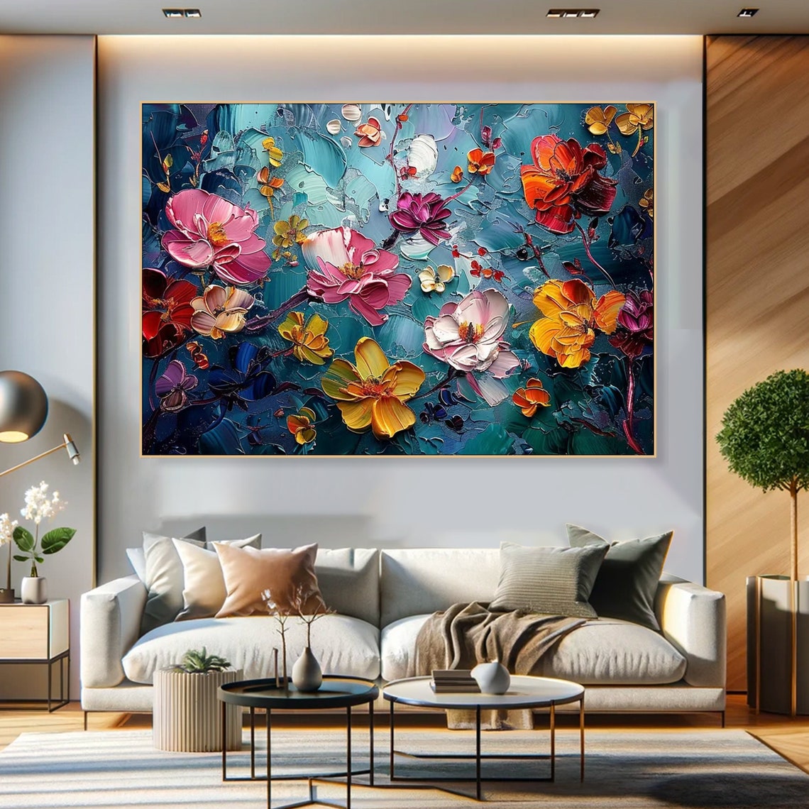 Colorful Blossom Flowers Teal Background Impasto Textured Art Print - Image 6
