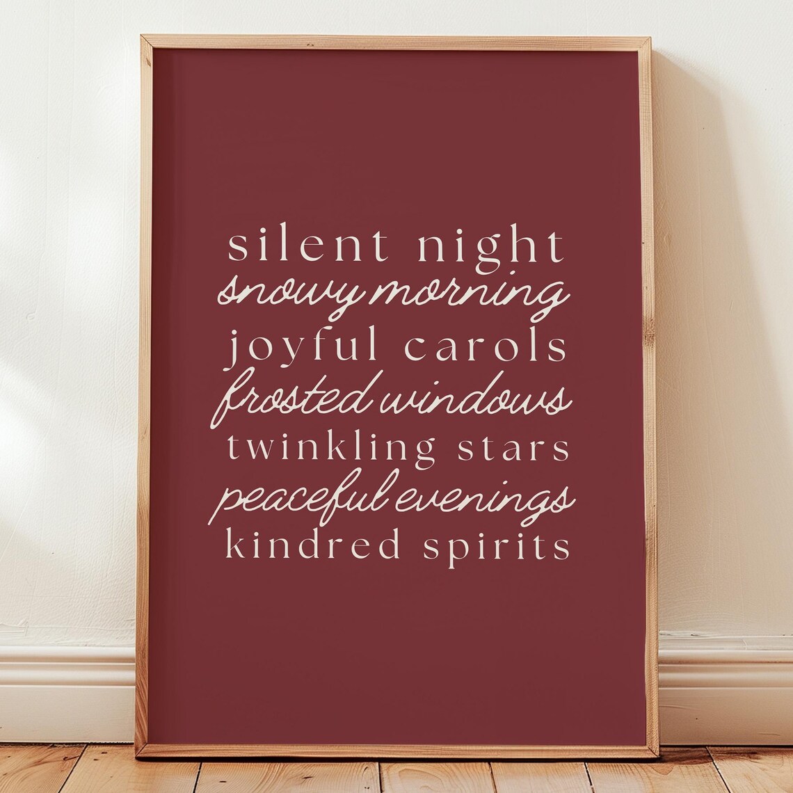 Christmas Holiday Word Art Silent Night Burgundy Typography Wall Art