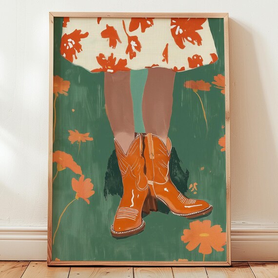 Cowgirl Boots Floral Dress Poppy Western Illustration Art Poster