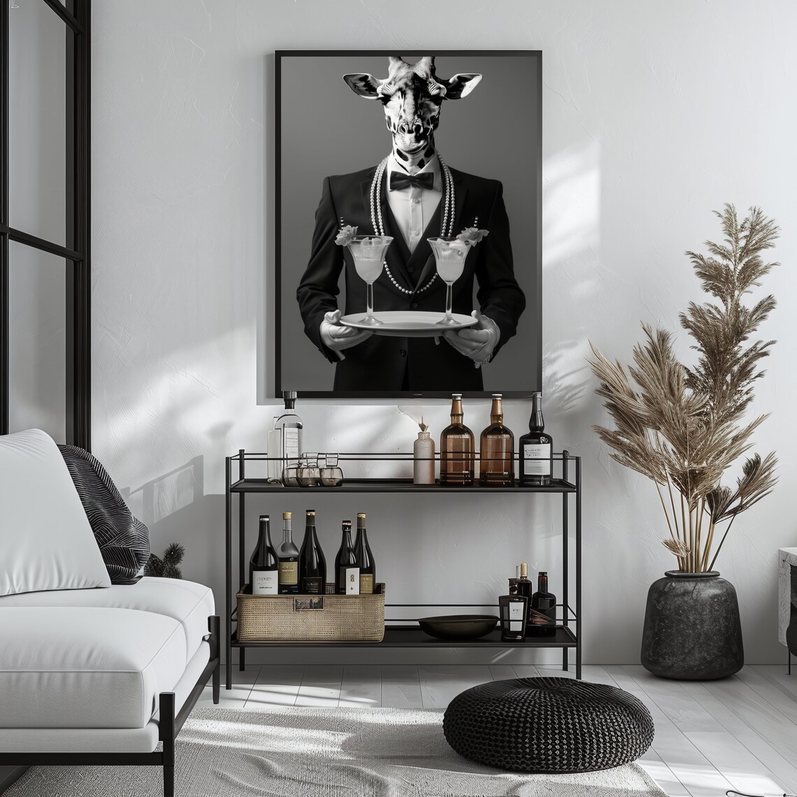 Giraffe Waiter Bar Cart Poster Funny Black And White Animal Photo Wall Decor - Image 3