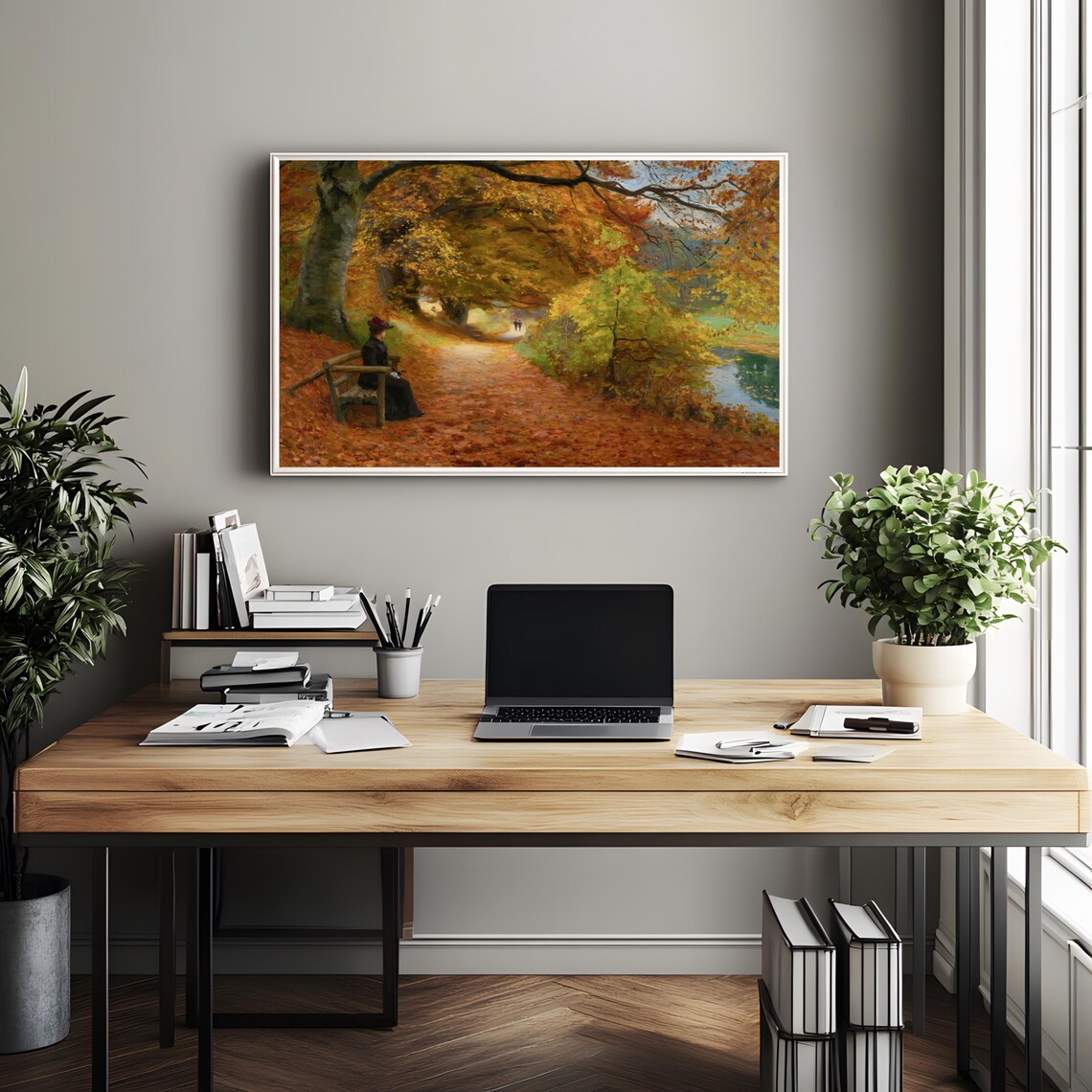 Autumn Park Bench Vintage Oil Painting Golden Fall Foliage Poster - Image 2