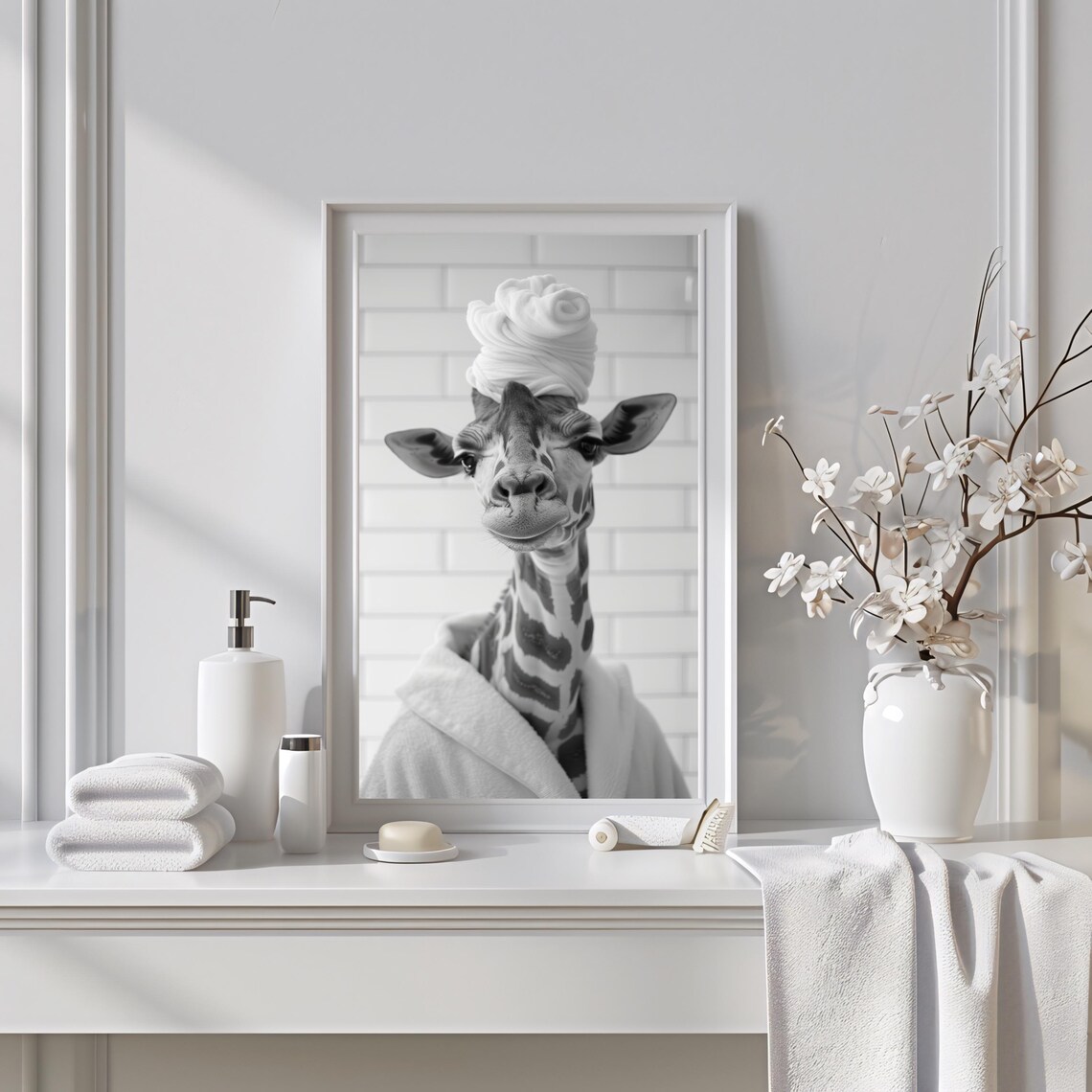 Giraffe In Towel Turban Poster Funny Bathroom Black And White Animal Photo Decor - Image 2