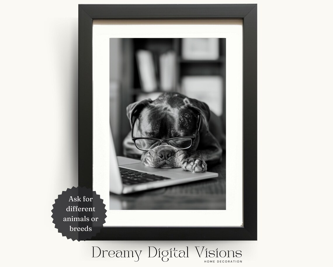 Pug Dog With Glasses Asleep on Laptop Cute Funny Office Poster