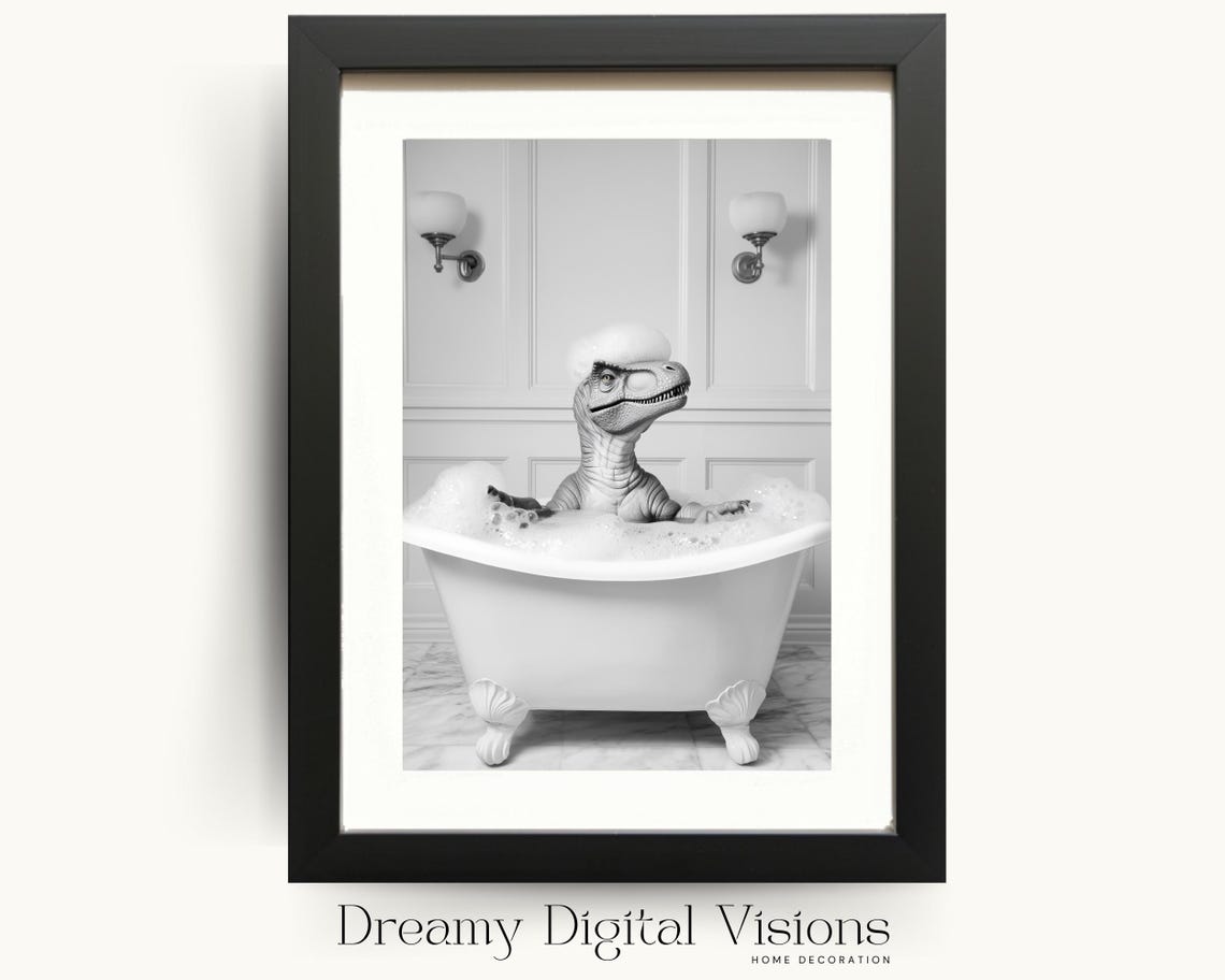 Baby Dinosaur in Bubble Bath With Foam Mohawk Funny Bathroom Poster