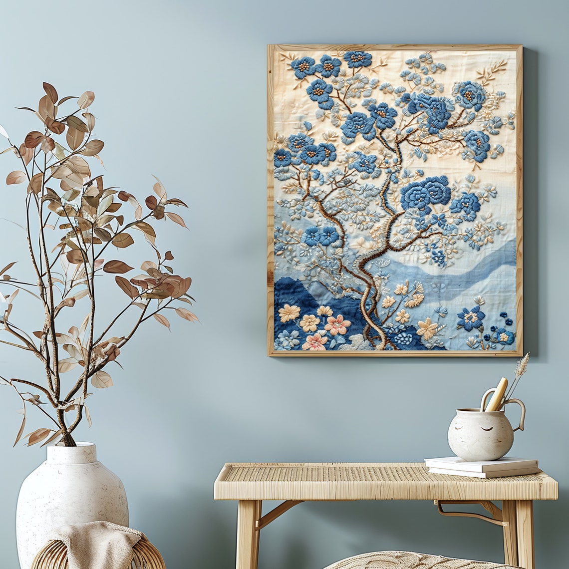 Blue Blossom Tree Oriental Silk Embroidery Style Textile Poster - Image 2