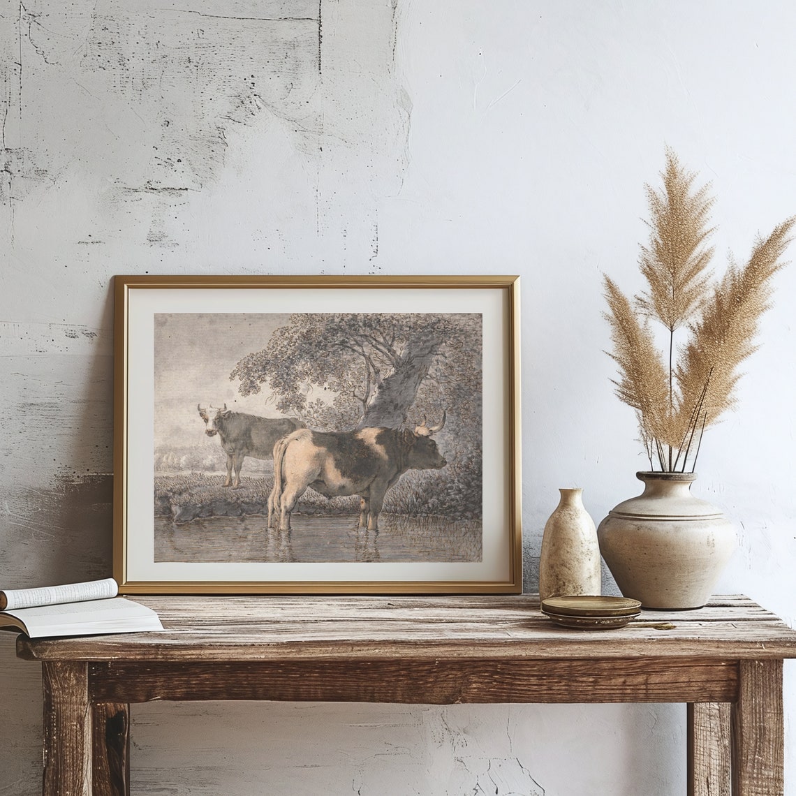 Vintage Cow Sketch Two Cows Watering Tree Antique Farmhouse Poster - Image 3