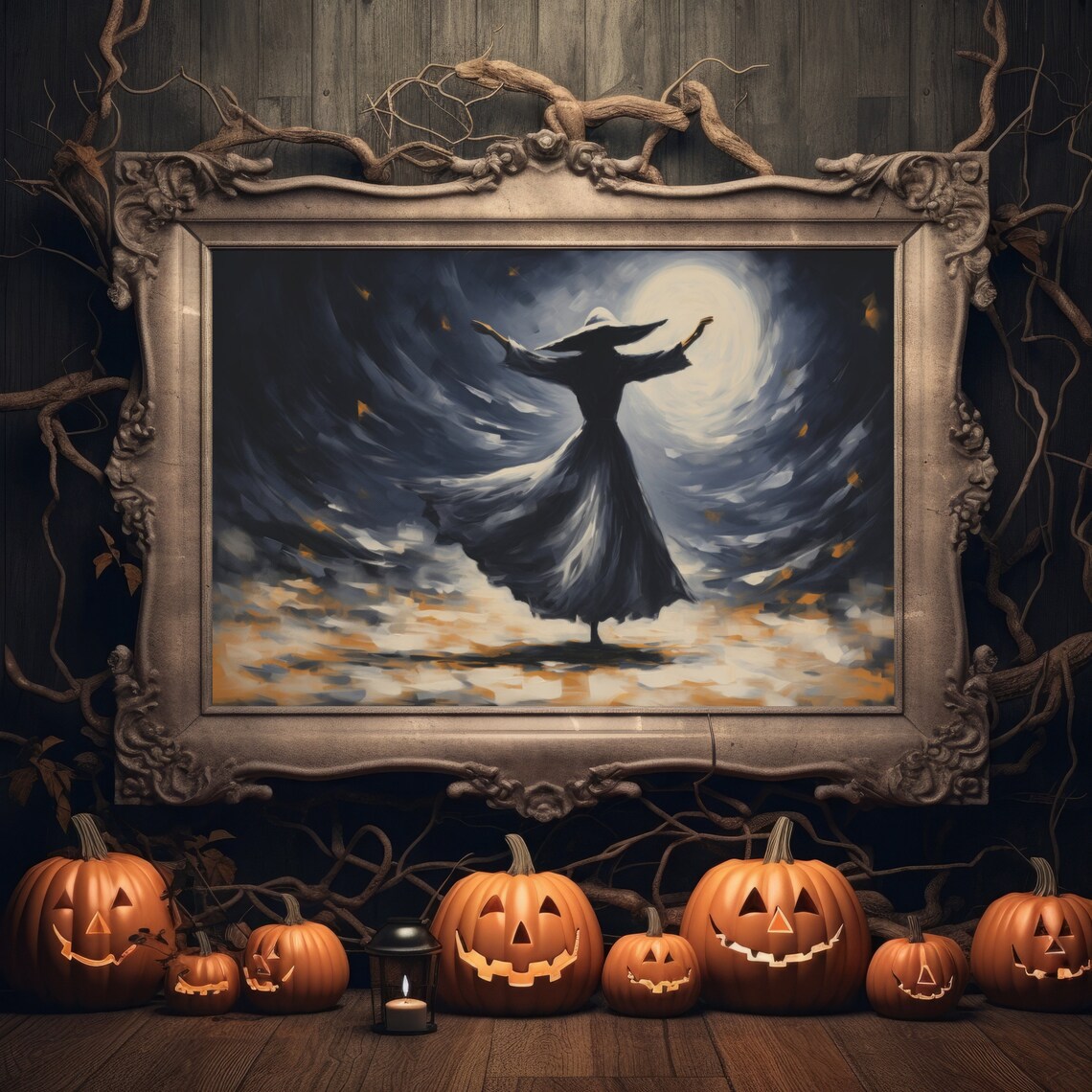 Witch Under The Moon, Rustic Fall Halloween Art - Image 2