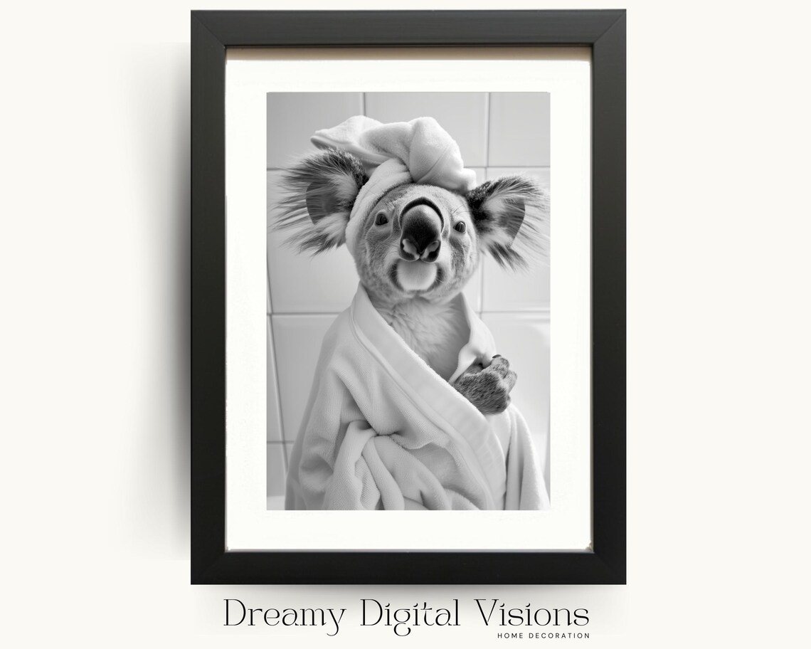 Koala In Towel Turban Poster Funny Bathroom Black And White Animal Photo Decor